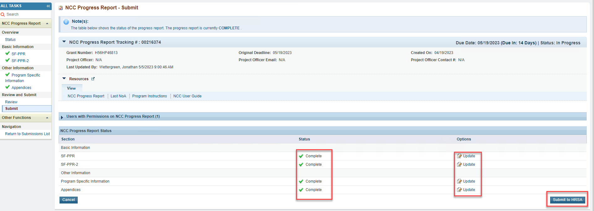 Screenshot of NCC Progress report submit page