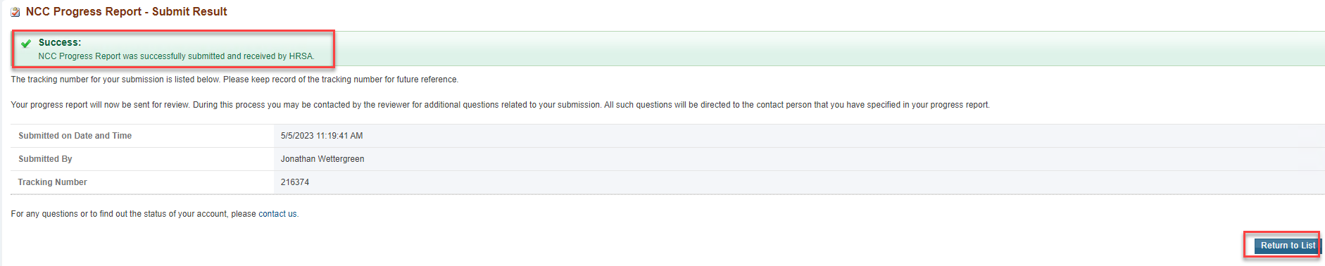 Screenshot of Submit Result Page