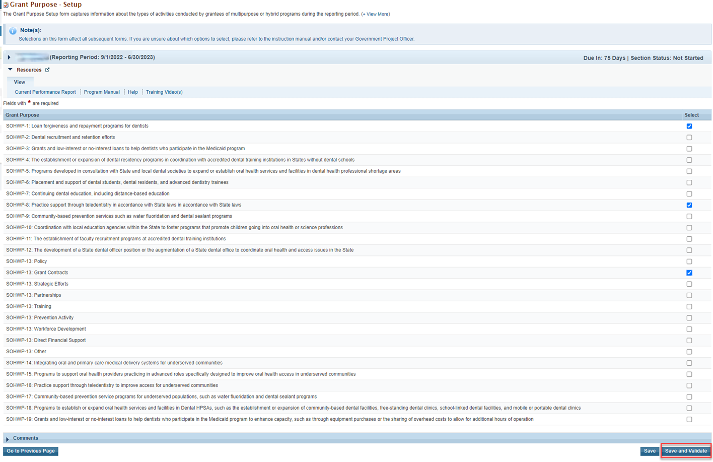 #screenshot of Grant Purpose – Setup