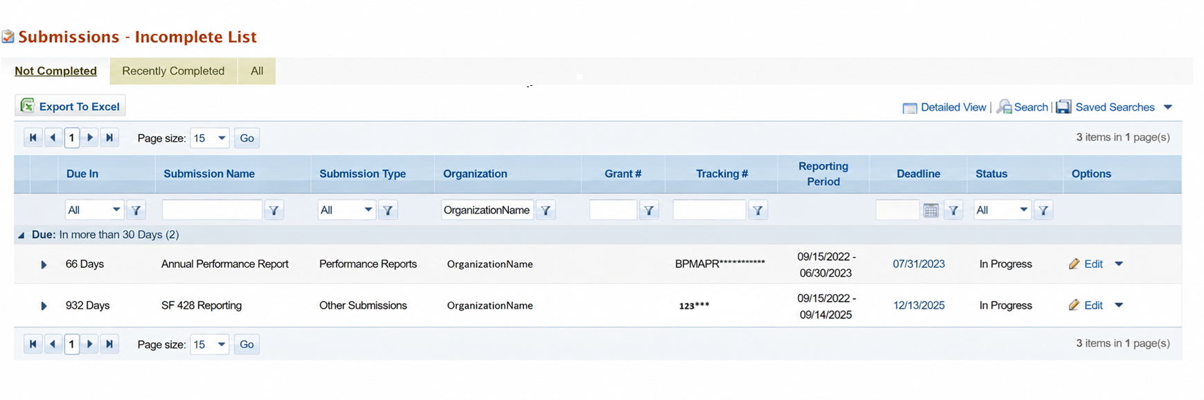 #screenshot of Incomplete List page