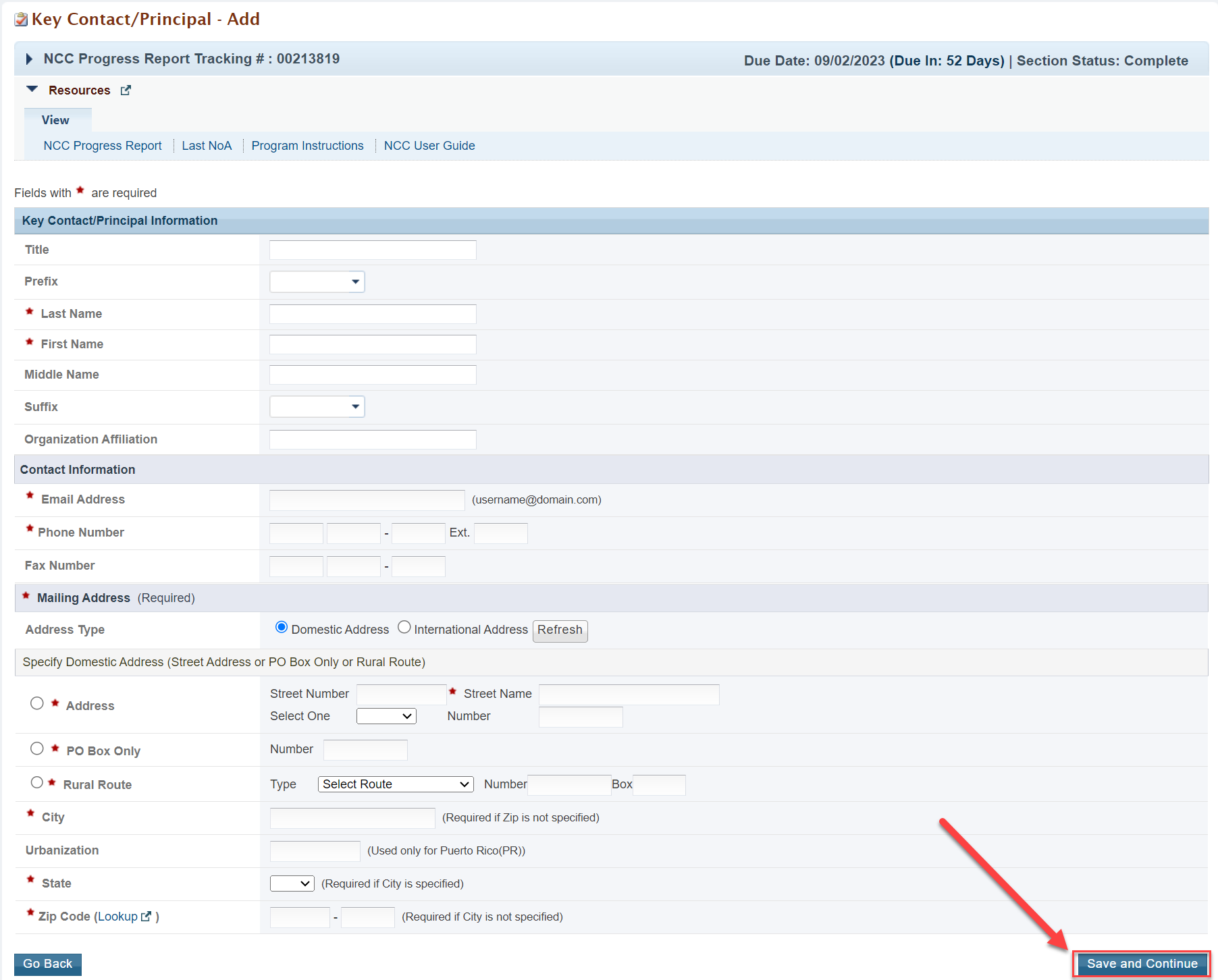 Screenshot of Key contact principal add save and continue button