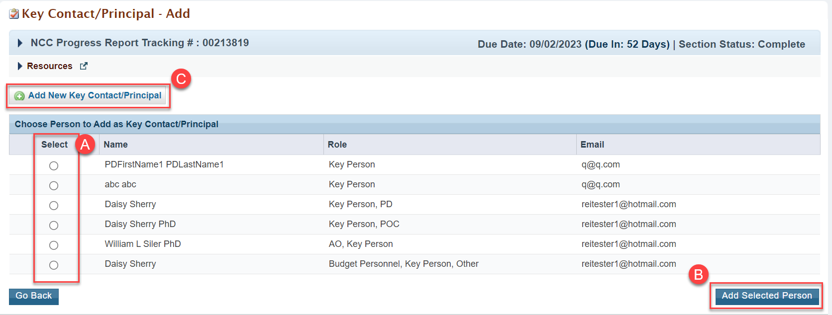 Screenshot of Key contact principal add page