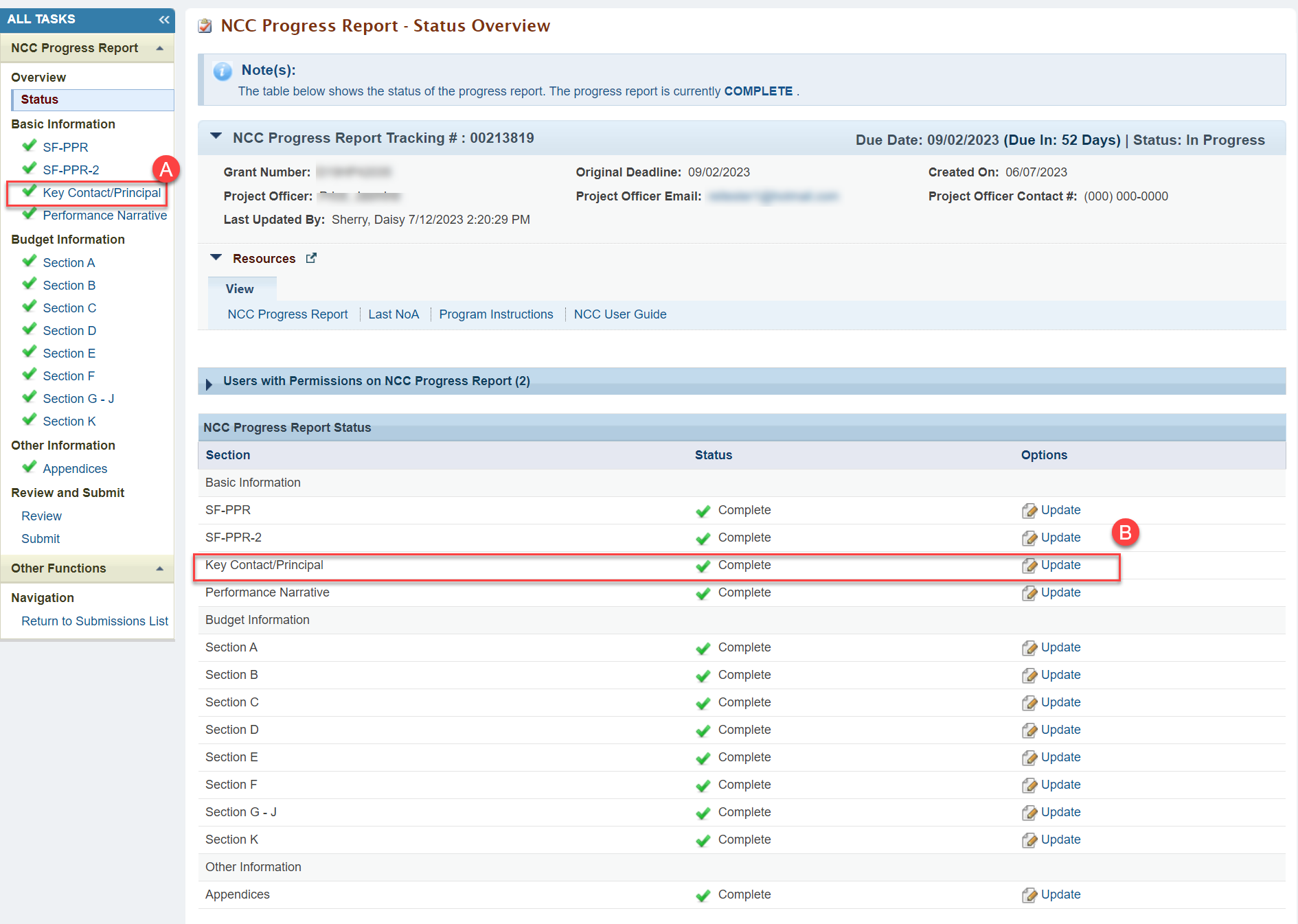 Screenshot of NCC Progress Report status overview page