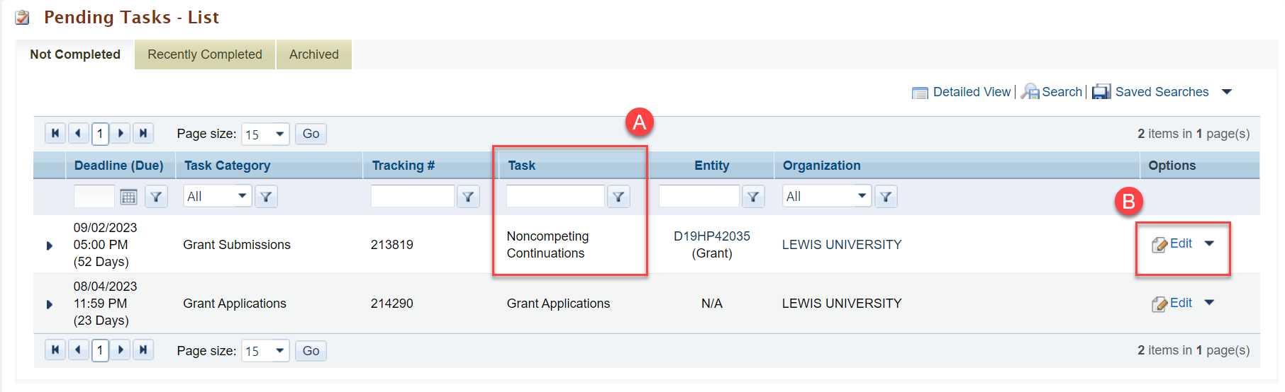 Screenshot of Pending Tasks list page