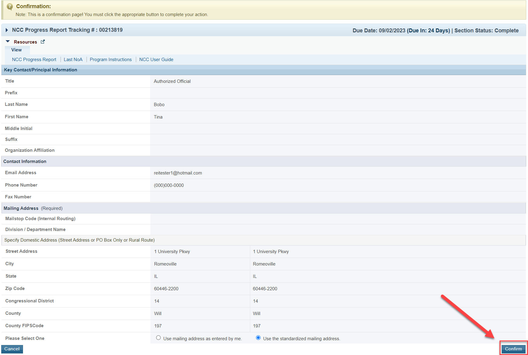 Screenshot of key contact principal update confirm