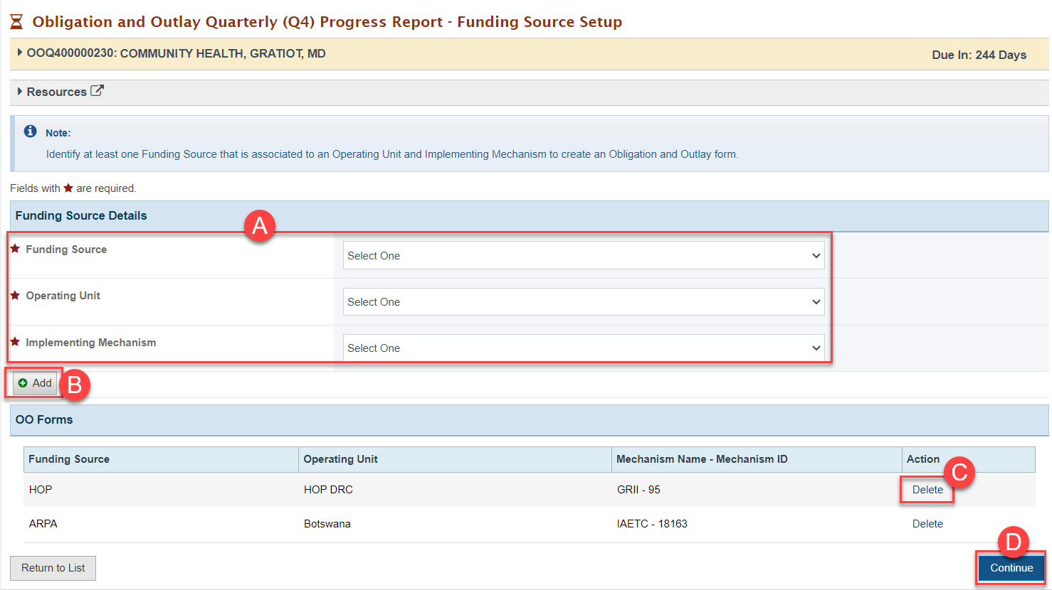 Screenshot of the Funding Source Setup page