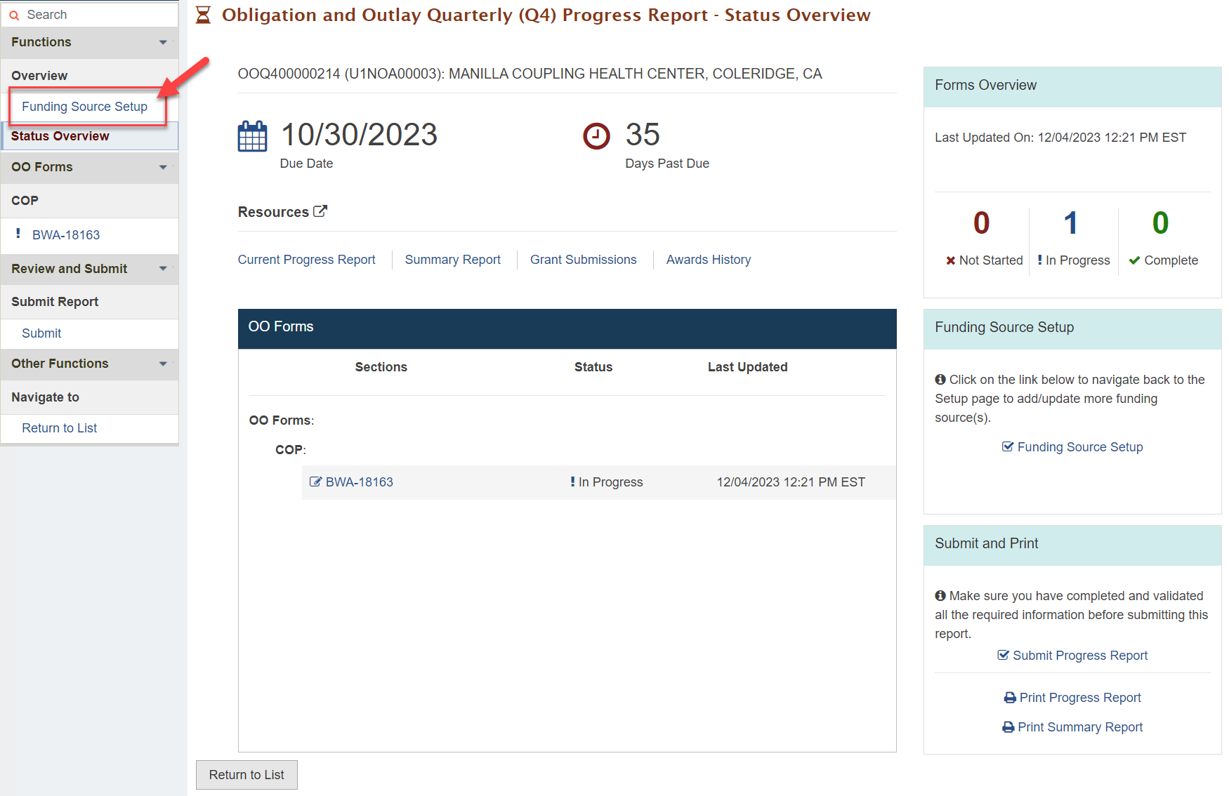 Screenshot of the Obligation and Outlay Quarterly Progress Report Status Overview page showing the Funding Source Setup option