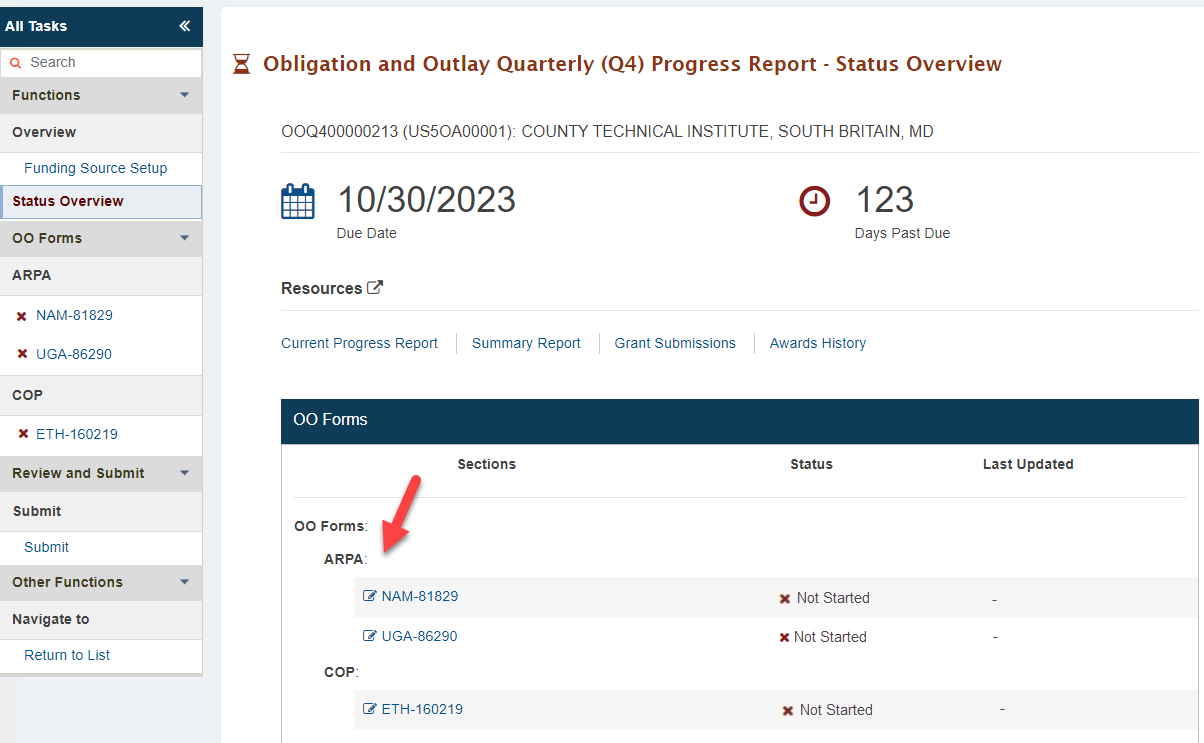 Screenshot of the Status Overview page showing OO Forms
