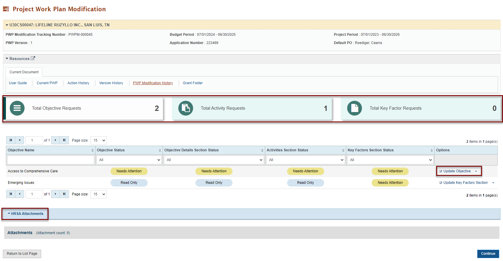 Project Work Plan modification - main page