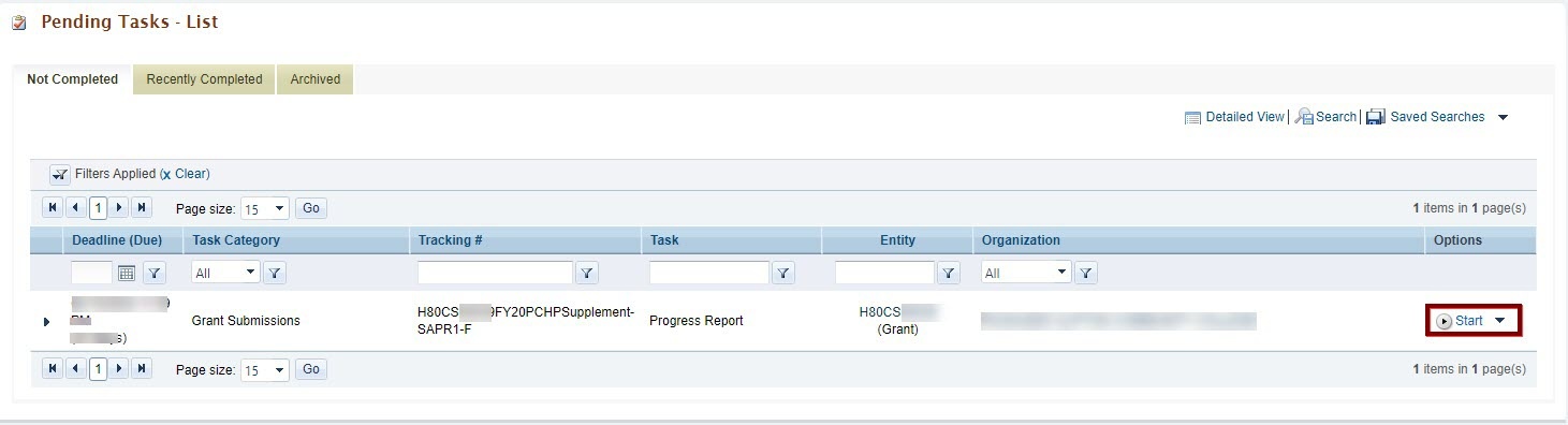 Screenshot of Pending Tasks Page