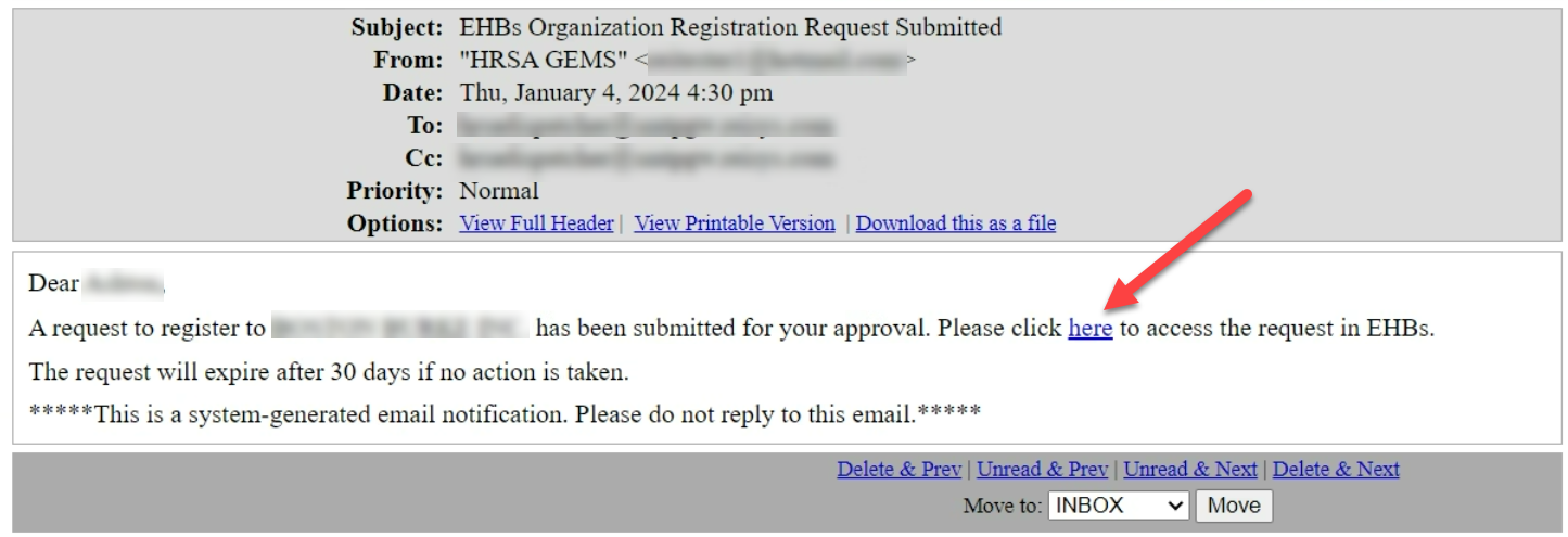 Screenshot of the User Organization Registration Request Email to the user with Primary AO privilege