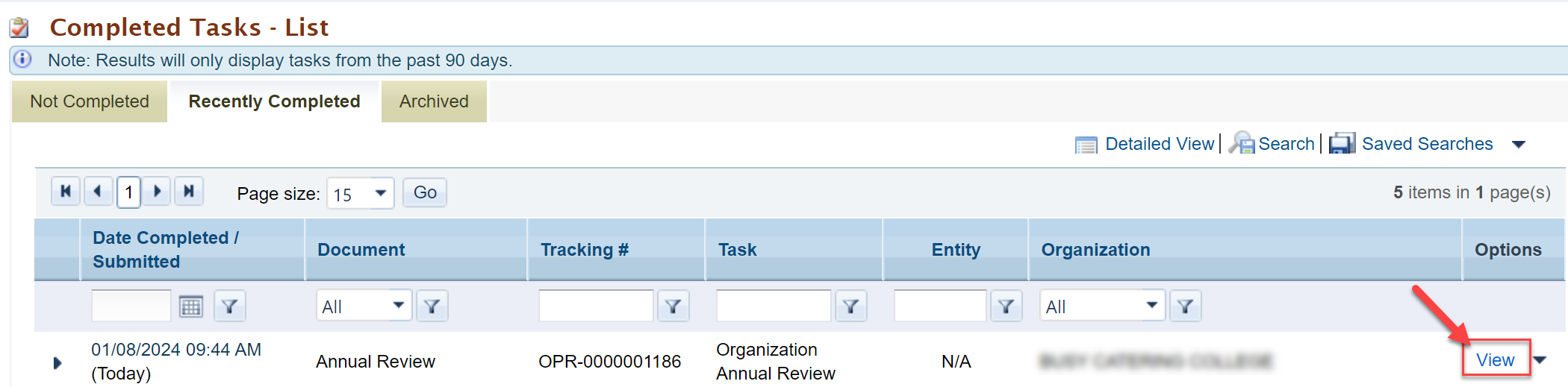 Screenshot of the Completed Tasks List page showing the View option