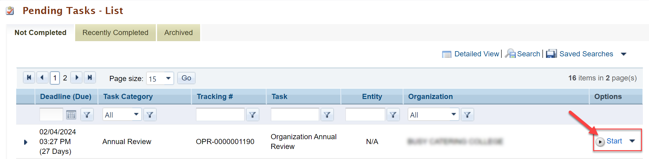 Screenshot of the Pending Tasks List page showing the Start option