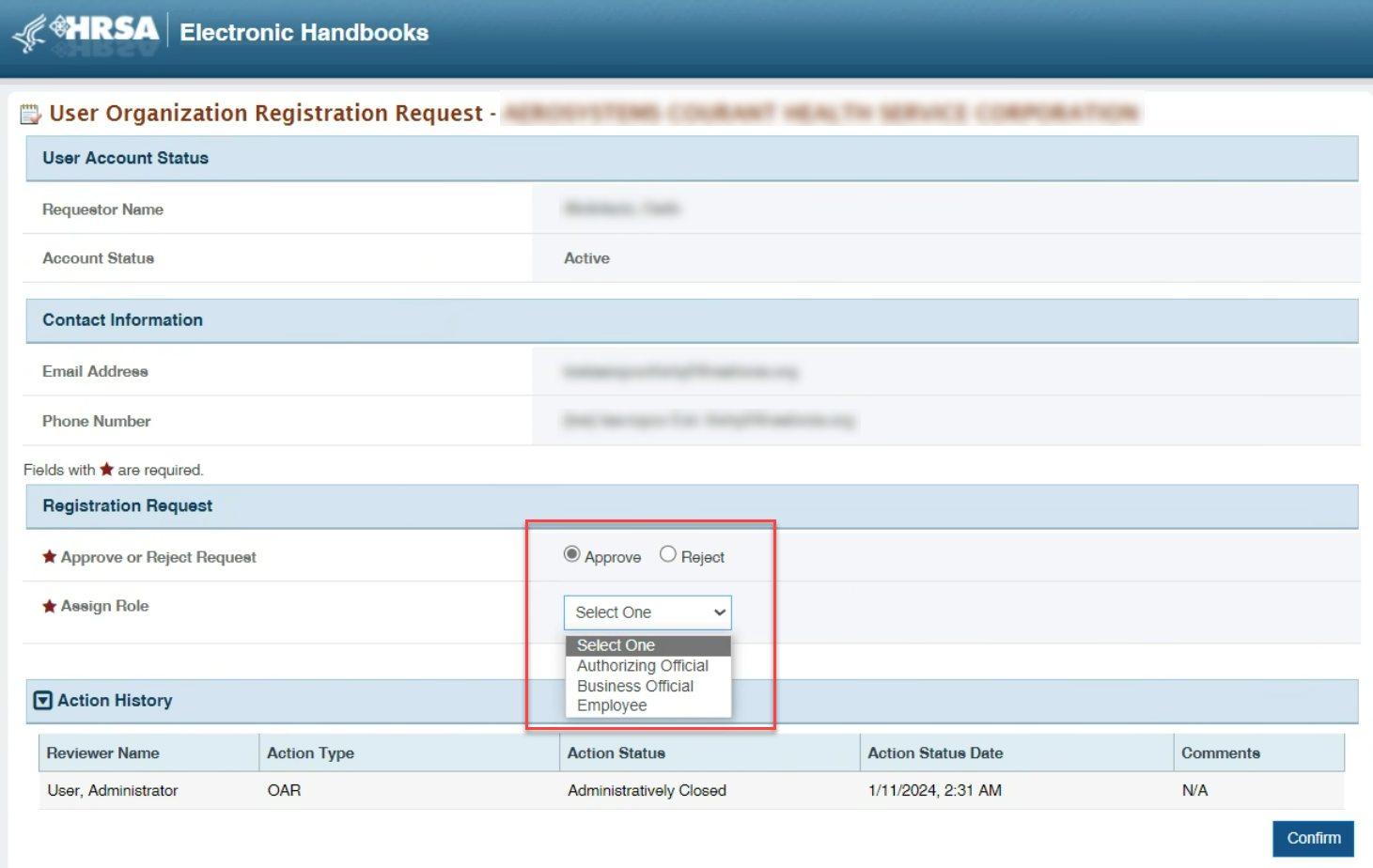 Screenshot of the User Organization Registration Request page showing Approved decision and Assign Role option