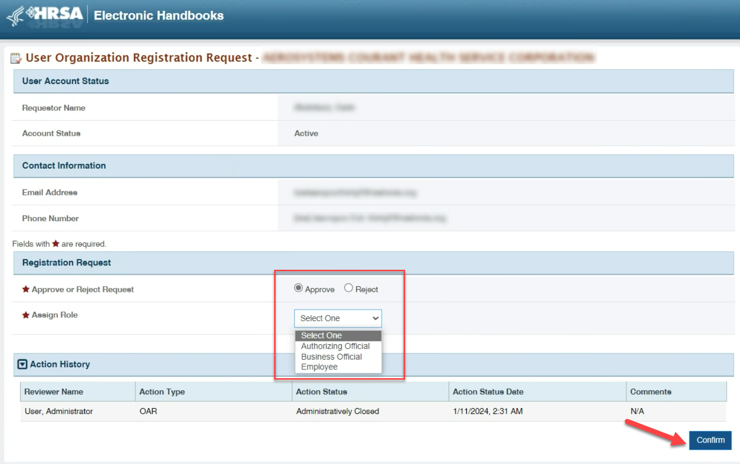 Screenshot of the User Organization Registration Request page showing Confirm decision button