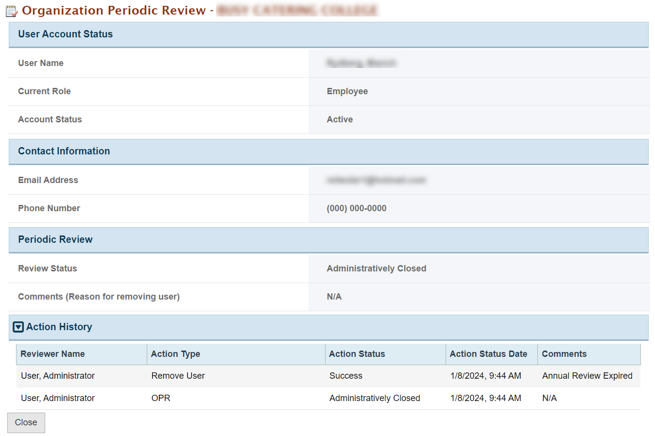 Screenshot of the Read only view of the Organization Periodic Review page