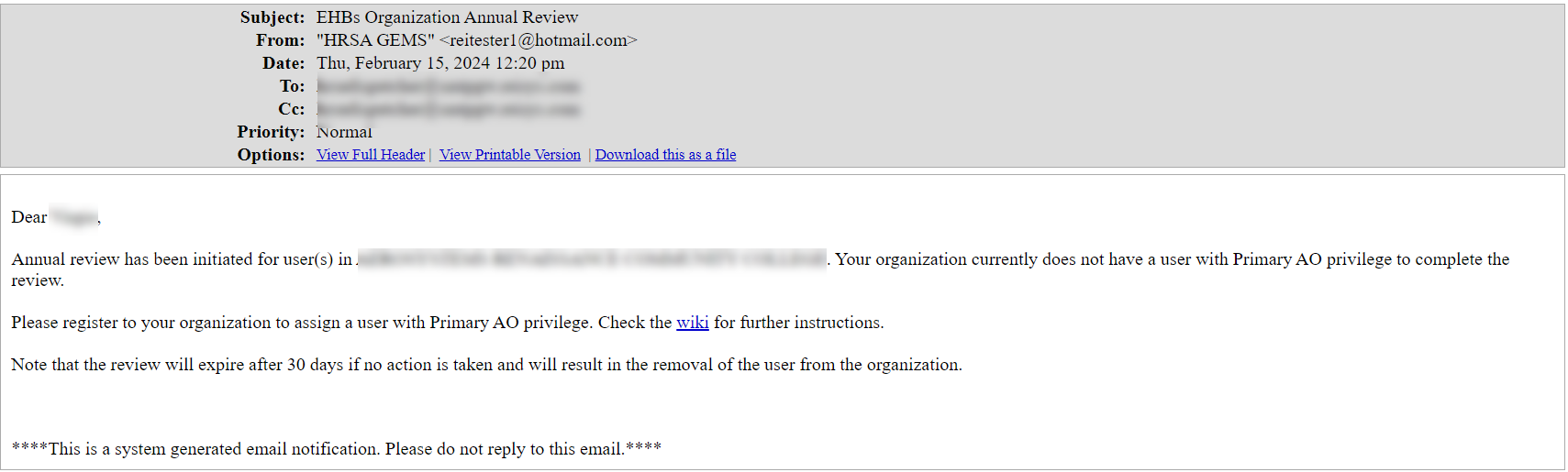Screenshot of the Annual Review Email
