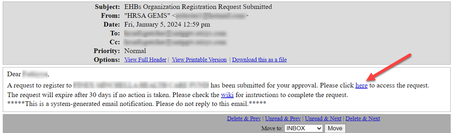 Screenshot of the Email notification to SAM POC for organization registration request