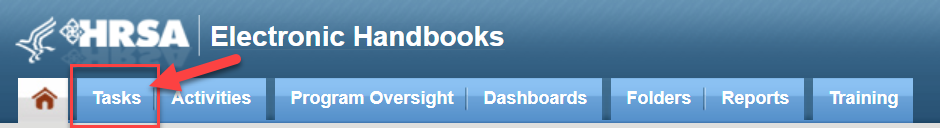 Screenshot of the EHBs top navigation bar showing the Tasks tab