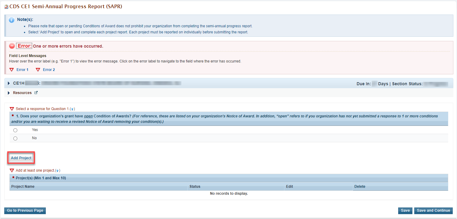 CE1 main progress report form question 1