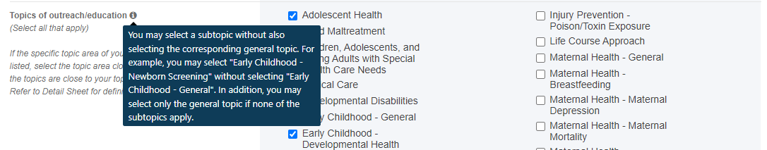 Screenshot of Topics of outreach