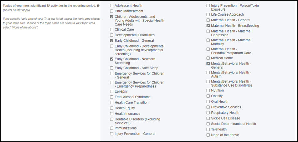 topics of your most significant TA activities Screenshot of topics of your most significant TA activities