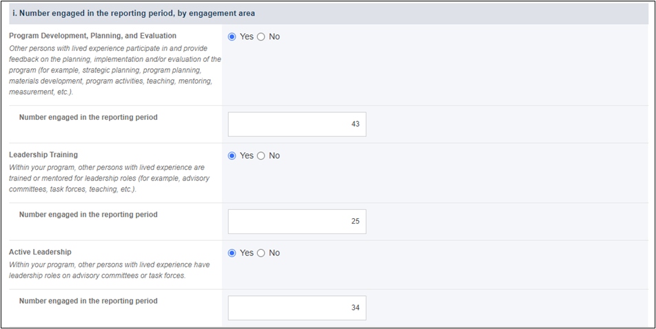 EHBs KB for Grantees > Engagement of Persons with Lived Experience > image-2024-8-20_12-24-47-1.png (Number engaged in the reporting period by area) Screenshot of Number engaged in the reporting period by area
