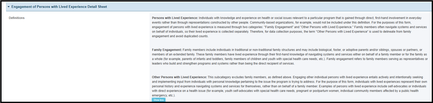 Screenhot of Engagement of Persons with Lived Experience Detail Sheet