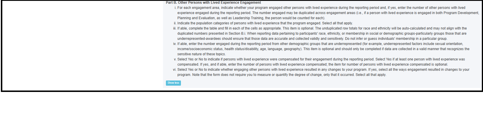 Screenshot of Engagement of Persons with Lived Experience Detail Sheet