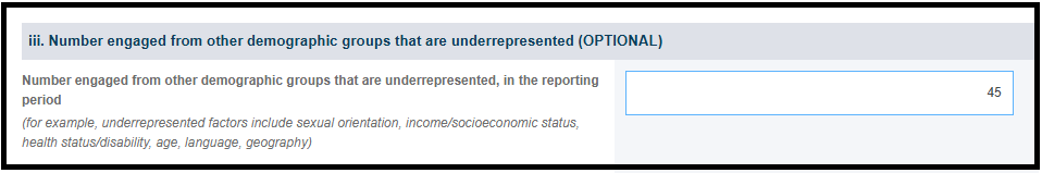 Number engaged from the demographics groups for the number of underrepresented