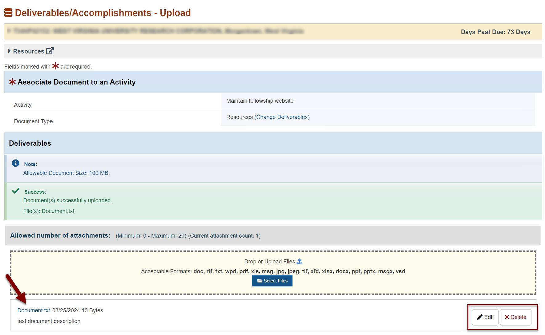 Screenshot of the Deliverables Accomplishments Upload page showing attached file and Edit and Delete buttons
