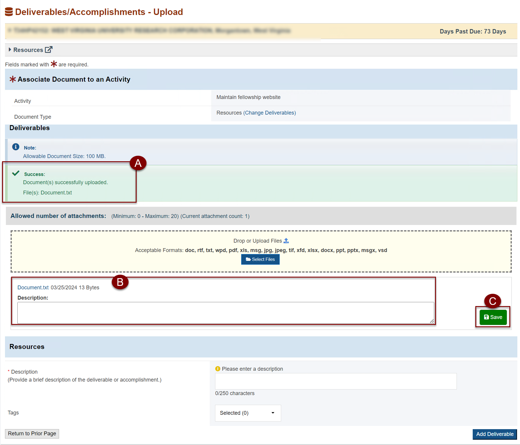Screenshot of the Deliverables Accomplishments Upload page showing the Success message, Description box, and Save button