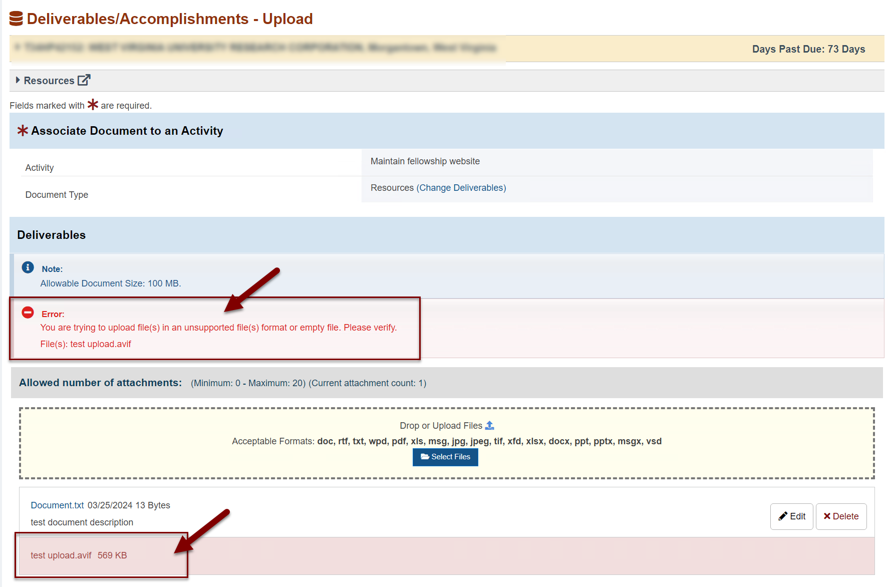 Screenshot of the Deliverables Accomplishments Upload page showing upload Error message