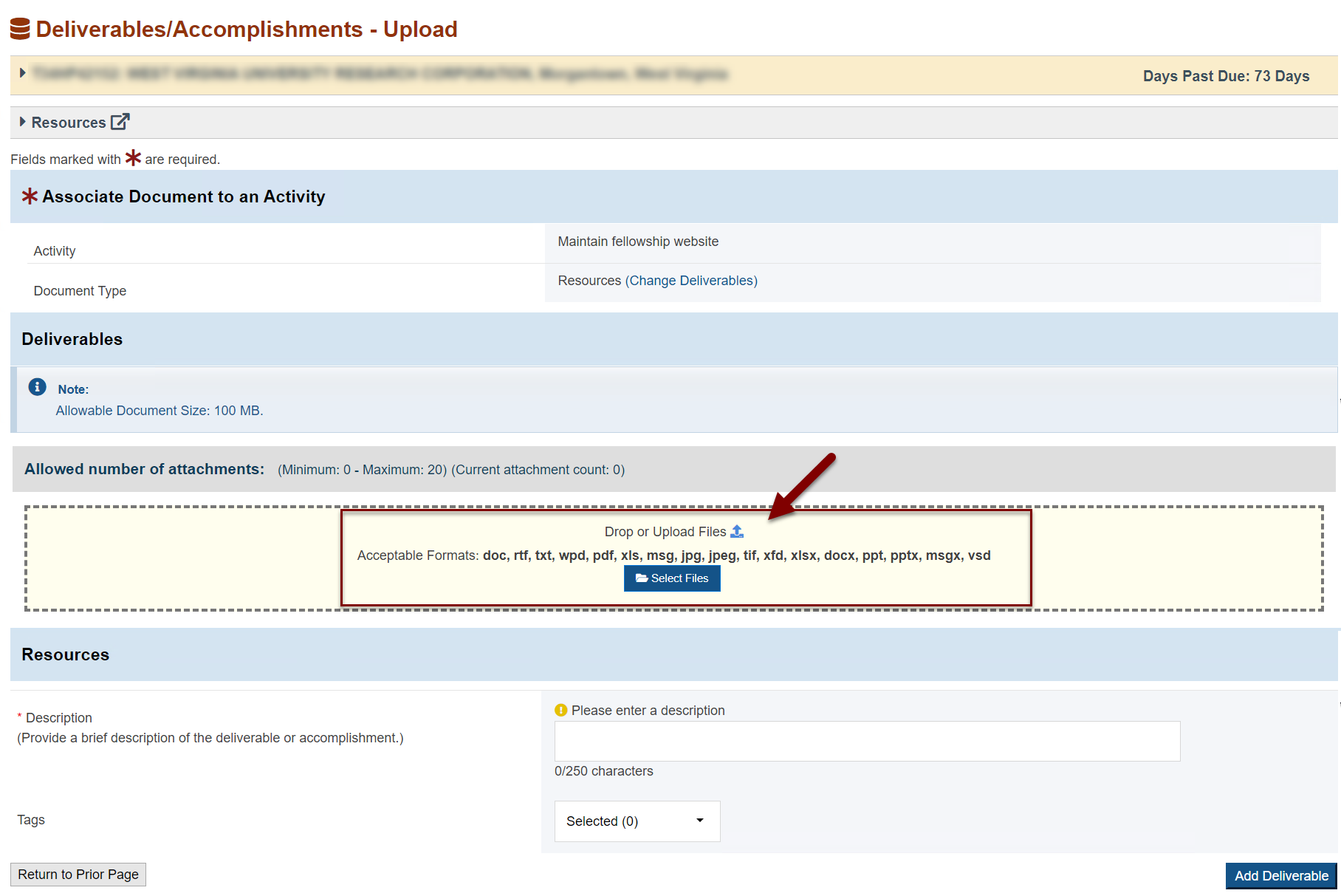 Screenshot of the Deliverables Accomplishments Upload page showing upload section
