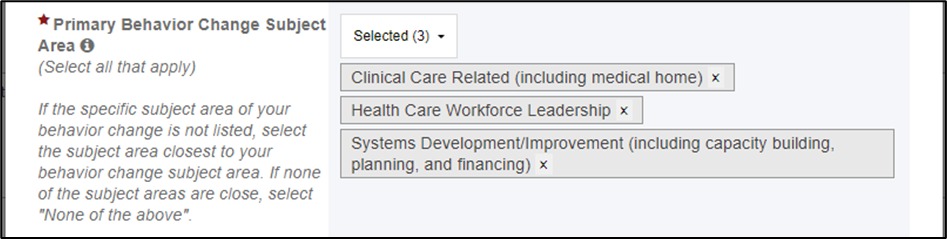 screenshot of Primary behavior change subject area