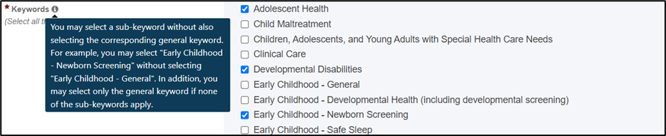 Keyword selection screenshot of Keyword selection