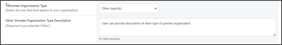 screenshot of Grantee organization type