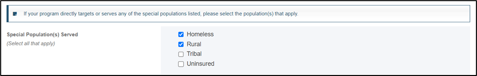 special populations served screenshot of special populations served
