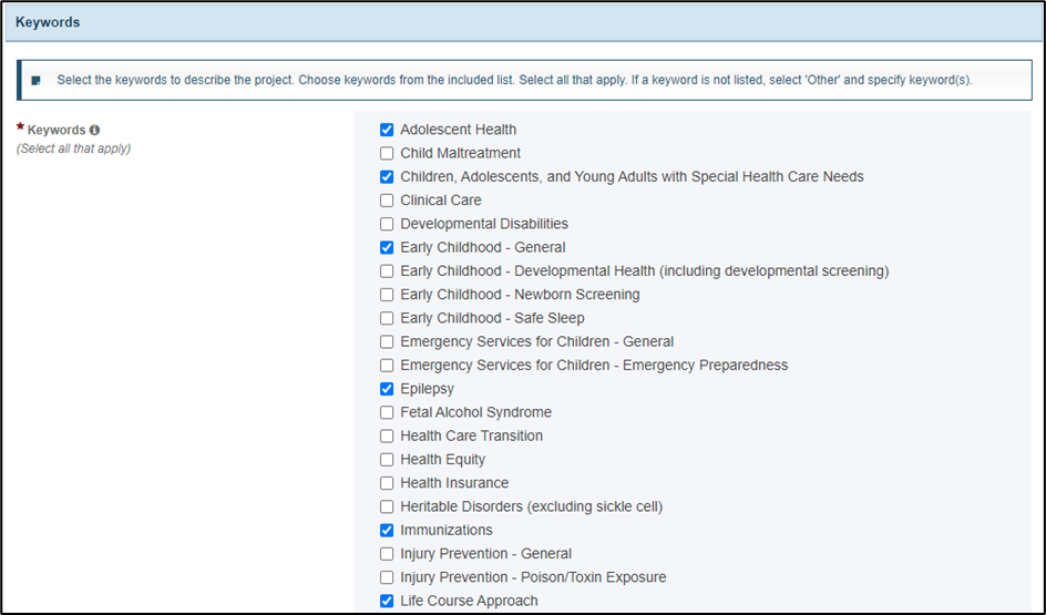 screenshot of Keywords