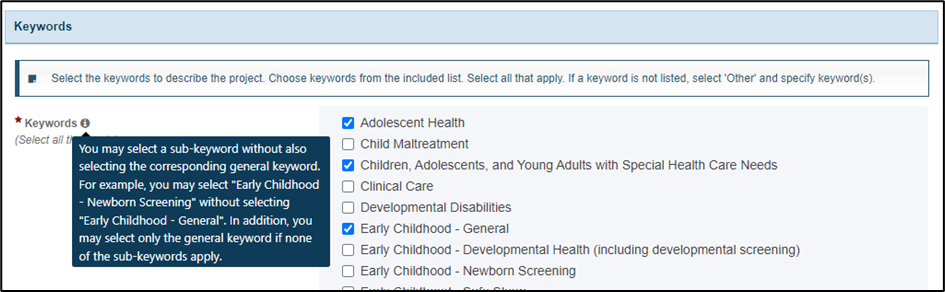 screenshot of keyword selection