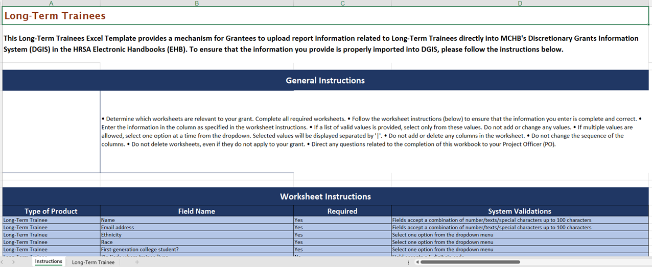 Screenshot of the Long Term Trainees Excel file showing Instructions tab
