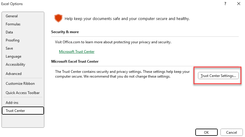 Screenshot of the Excel Options page showing Trust Center Settings