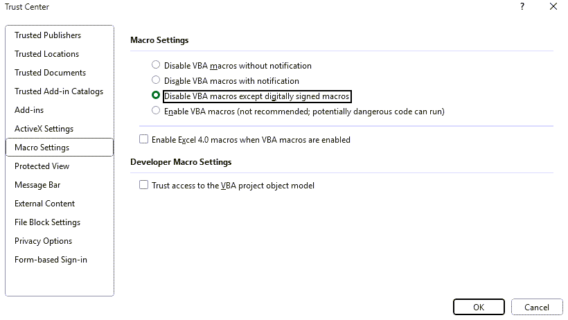 Screenshot of the Trust Center page showing Macro Settings 