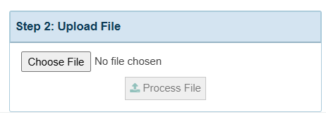 Screenshot of Step 2 Upload File section showing Choose File