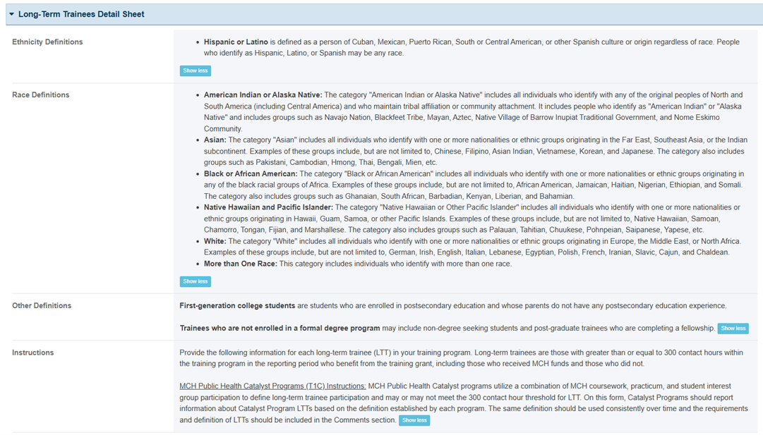 Screenshot of the Long Term Trainees Detail Sheet showing Ethnicity Definitions, Race Definitions, Other Definitions, and Instructions