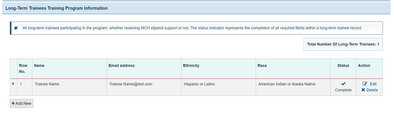 Screenshot of the Long Term Trainees Training Program Information section
