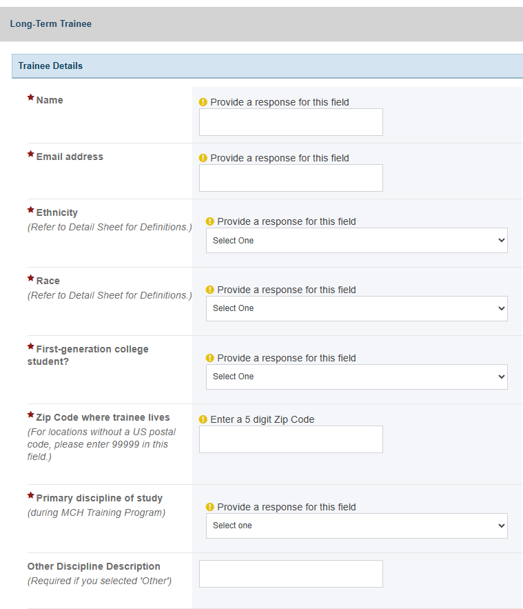 Screenshot of the Trainee Details section showing first half of fields