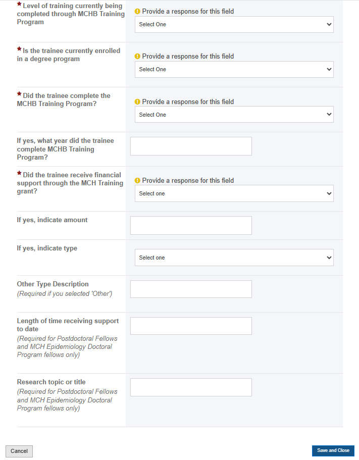 Screenshot of the Trainee Details section showing second half of fields