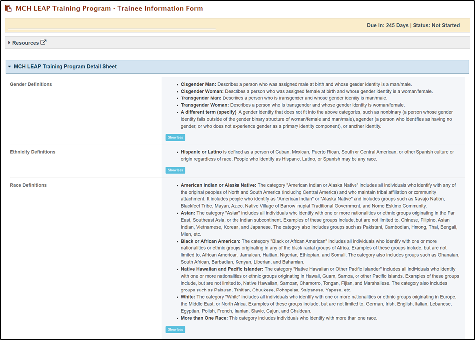 EHBs KB for Grantees > MCHB LEAP Training Program - Trainee Information Form > image-2024-5-6_9-2-4-1.png (LEAP Form 1) Screenshot of LEAP Form 1