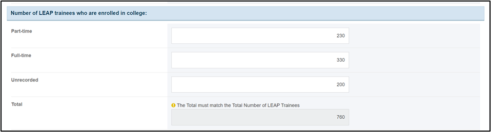Screenshot of LEAP Enrolled in college section